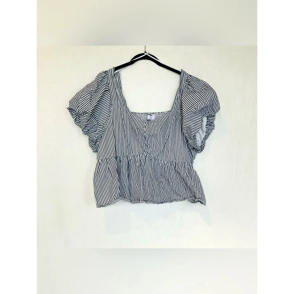 Old Navy Coastal Puff Sleeve Peplum Top XXL Cotton Striped Blue White Smocked